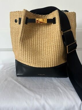 DeMellier Natural Straw and Black Leather Bucket Bag with Gold Hardware